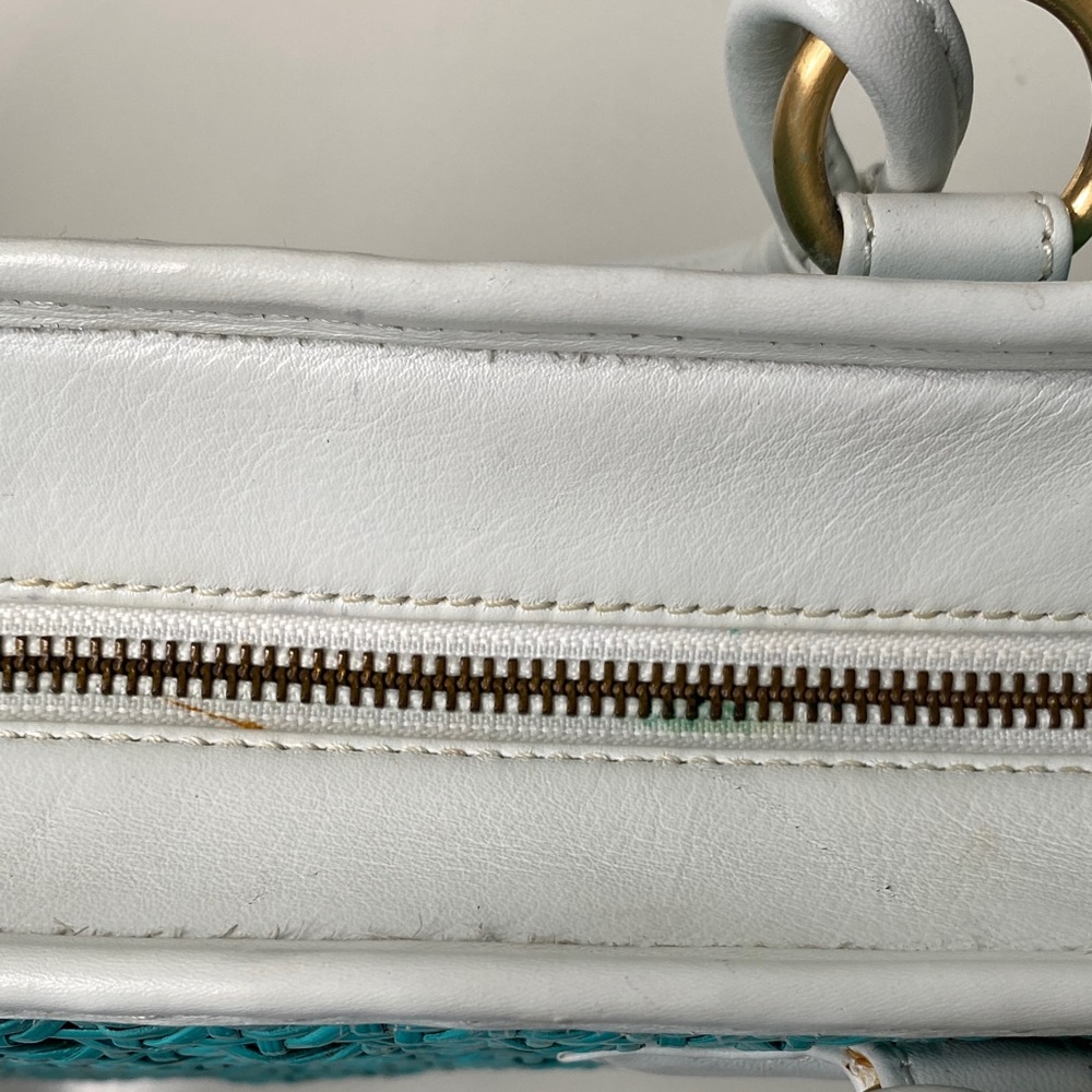 Inge Trapezoid Shoulder Bag Satchel in Turquoise Cane, White Trim, Linen Lining - Picture 8 of 15